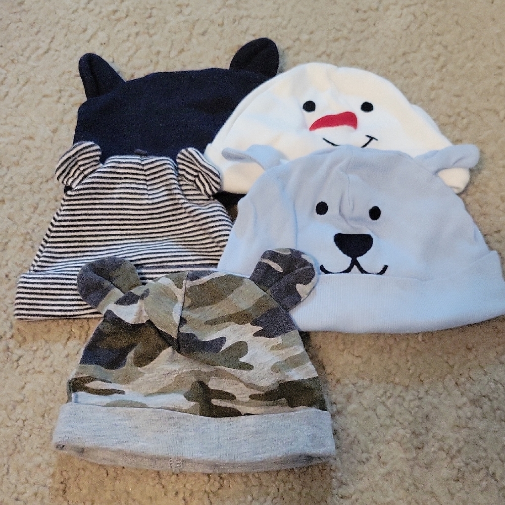 Adorable Kids Animal Beanie Variety Set - Snowman & Camo Too! Size 0-3M